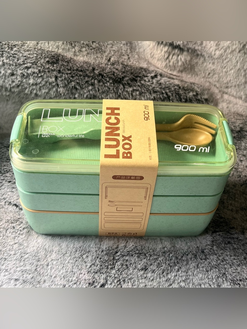 New Ice Green Stackable 900ml Lunch Box with Spoon Portable 3 Layer Bento - Picture 4 of 12